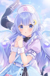  absurdres blue_dress blue_eyes blue_hair cloud cloudy_sky commentary_request crescent crescent_hair_ornament cross dress female fingernails frilled_dress frills hair_ornament hat heart highres jimmy_madomagi long_hair mirutani_nia noripro nurse nurse_cap open_mouth puffy_short_sleeves puffy_sleeves short_sleeves sky solo sparkle virtual_youtuber wrist_cuffs 