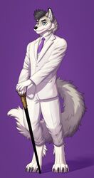  absurd_res anthro blue_eyes cane canid canine canis clothing fluffy hi_res jesse_(disambiguation) male mammal necktie pipyaka purple_necktie solo suit tattoo walking_stick white_clothing white_suit wolf 