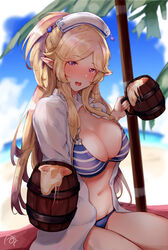  :d alcohol beach beer beer_mug bikini blonde_hair blue_bikini blue_sky blurry blurry_background blush breasts cleavage cloud collared_shirt cup day drunk elf female hat hemachi highres holding holding_cup jewelry long_hair long_sleeves looking_at_viewer mug navel open_mouth outdoors parted_bangs photoshop_(medium) pointy_ears ponytail princess_connect! purple_eyes shirt sidelocks signature sitting sky smile striped_bikini striped_clothes swimsuit yukari_(princess_connect!) yukari_(summer)_(princess_connect!) 