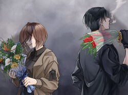  1boy black_gloves black_hair black_jacket bouquet breasts brown_hair brown_jacket brown_shirt cigarette closed_mouth commentary crying female finellen flower girls&#039;_frontline gloves hair_between_eyes highres holding holding_bouquet holding_flower j_(girls&#039;_frontline) jacket medium_hair open_clothes open_jacket shadowless_(girls&#039;_frontline) shirt short_hair simple_background spoilers upper_body 