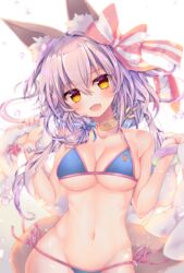  animal_ears bikini blue_bikini blush bow breasts cleavage collarbone commentary_request cowboy_shot fate/grand_order fate_(series) female fox_ears fox_tail groin hairbow innertube konno_kengo large_breasts long_hair looking_at_viewer micro_bikini navel oerba_yun_fang open_mouth pink_hair simple_background skin_fang solo striped striped_bow swim_ring swimsuit tail tamamo_(fate) tamamo_no_mae_(swimsuit_lancer)_(fate) white_hair yellow_eyes 