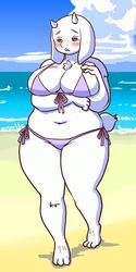  1:2 2019 anthro beach big_breasts bikini blush boss_monster_(undertale) bovid breasts caprine chest_tuft clothing curvy_figure cute_fangs female kin-shun mammal navel purple_eyes seaside slightly_chubby solo swimwear thick_thighs toriel tuft undertale undertale_(series) voluptuous wide_hips 