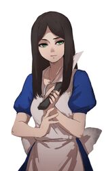  alice:_madness_returns alice_liddell_(american_mcgee&#039;s_alice) american_mcgee&#039;s_alice apron black_hair closed_mouth collarbone dress female green_eyes highres jewelry knife long_hair necklace simple_background solo terimayo white_background 