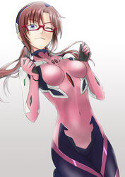  ;3 alternate_breast_size black_hairband bodysuit breasts breasts_apart brown_hair closed_mouth female floating_hair glasses gloves grey_gloves hairband highres ivuki long_hair low_twintails makinami_mari_illustrious neon_genesis_evangelion one_eye_closed pilot_suit pink_bodysuit plugsuit rebuild_of_evangelion red-framed_eyewear science_fiction small_breasts solo twintails 