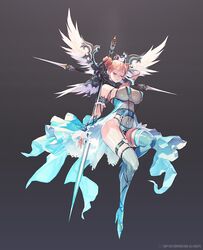  arm_behind_head arm_garter arm_up blonde_hair blue_dress blue_thighhighs blunt_bangs breasts closed_eyes commentary_request destiny_child double_bun dress feathered_wings female full_body garter_straps grey_background hair_bun heart highres large_breasts leg_up nirrti_(destiny_child) official_art open_clothes parted_lips punc_p simple_background solo thigh_strap thighhighs wings 