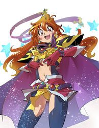  :d absurdres alternate_costume armor black_thighhighs blush brooch cape cowboy_shot earrings female gloves highres ichi_orgin jewelry legs_apart lina_inverse long_hair looking_at_viewer navel open_mouth orange_hair panties pauldrons pink_gloves pink_skirt red_eyes shoulder_armor simple_background skirt slayers smile solo standing star_(symbol) thighhighs underwear upskirt white_background yellow_panties 