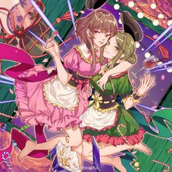  2girls :d alcohol apron barefoot black_headwear blush bow bowtie breasts brown_hair candy candy_cane chinese_commentary commentary_request corset cup door dress drinking_glass dutch_angle food frilled_shirt_collar frills green_hair green_nails grin hair_bun highres holding holding_food kagari6496 lollipop looking_at_viewer medium_breasts multiple_girls nail_polish neck_ribbon nishida_satono open_mouth pink_bow pink_bowtie pink_dress pink_ribbon puffy_short_sleeves puffy_sleeves purple_eyes red_nails ribbon short_hair_with_long_locks short_sleeves sidelocks single_hair_bun smile teireida_mai toenail_polish toenails touhou waist_apron weibo_logo weibo_watermark white_apron wine wine_glass wrist_cuffs 