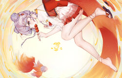  barefoot braid braided_bun dango double_bun dress feet female fingernails fish food from_side hair_bun hair_ornament highres holding holding_food jiliang_jiying_yumao legs looking_at_viewer looking_to_the_side nail_polish nijisanji parted_lips purple_hair red_nails ruki_(virtuareal) sandals short_dress solo tassel toenail_polish toenails twin_braids virtual_youtuber virtuareal wagashi white_dress 