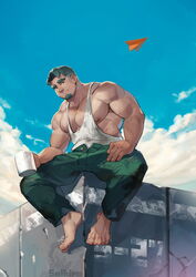  1boy absurdres bara barefoot black_hair blue_sky borrowed_character closed_mouth cloud cup day facial_hair goatee green_pants highres large_pectorals looking_at_viewer male_focus mature_male mug muscular muscular_male oc_(kn) original outdoors pants paper_airplane pectoral_cleavage pectorals selkiro short_hair sideburns sidepec sky solo tank_top thick_eyebrows undercut white_tank_top 