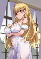  :&lt; arms_under_breasts bare_shoulders blonde_hair blurry blurry_background blush breast_hold breasts cleavage closed_mouth collarbone commentary covered_navel covered_nipples cowboy_shot crossed_arms curtains day depth_of_field detached_sleeves dress female indoors large_breasts long_hair looking_at_viewer nijisanji pink_eyes puffy_short_sleeves puffy_sleeves short_sleeves solo strapless strapless_dress takamiya_rion takamiya_rion_(2nd_costume) try_(lsc) v-shaped_eyebrows very_long_hair virtual_youtuber white_dress window 