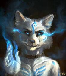  2019 anthro avoid_posting blue_eyes blue_fire canid canine claws collar colored_fire elemental_manipulation etis fire fire_manipulation fox fur hi_res male mammal markings simple_background smile smirk solo white_body white_fur wings-and-strings 