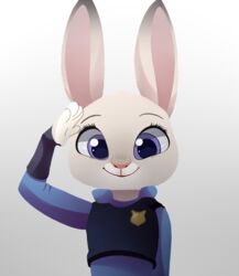  2016 anthro clothed clothing dipstick_ears disney ear_markings front_view fur gesture grey_background grey_body grey_fur half-length_portrait hikariviny judy_hopps lagomorph leporid light lighting long_ears looking_at_viewer mammal multicolored_ears pink_nose police police_uniform portrait purple_eyes rabbit salute simple_background smile solo uniform zootopia 