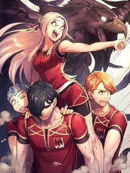  3boys animal armpits bird black_hair blue_hair brown_hair caspar_von_bergliez eagle edelgard_von_hresvelg female ferdinand_von_aegir fire_emblem fire_emblem:_three_houses glowing glowing_eyes gym_uniform headband highres hubert_von_vestra kibasen long_hair looking_to_the_side moyashi_mou2 multiple_boys open_mouth pointing shorts sleeveless white_hair 