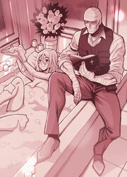  1boy bandaged_hand bandaged_head bandages bangs bath bathing bathtub belt bible_(object) black_vest blonde_hair book breasts bubble_bath candle cleavage collared_shirt courier_(fallout_new_vegas) cup drinking_glass fallout_(series) fallout_new_vegas female flower holding holding_book joshua_graham police police_uniform scar scar_on_face shirt uniform vase vest wine_glass yukiyanagi 