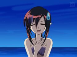  anime_coloring bikini breasts brown_hair fake_screenshot female genderswap_(mtf) hair_between_eyes halterneck highres lady_bat mermaid_melody_pichi_pichi_pitch night night_sky ocean oerba_yun_fang open_mouth pointy_ears ponytail purple_bikini remyfive rule_63 sky small_breasts smile solo sweatdrop swimsuit upper_body watermark 