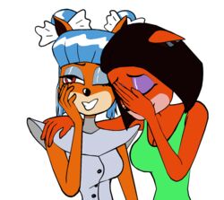  activision blue_hair brown_hair closed_eyes crash_(series) crash_team_racing_(series) crash_team_racing_nitro-fueled duo eyeshadow female hair laugh liz_bandicoot makeup megumi_bandicoot reaction_image red_eyes 