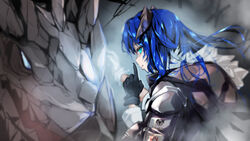  arknights asymmetrical_gloves black_gloves black_jacket blue_eyes blue_hair commentary_request demon_horns detached_wings dragon energy_wings female finger_to_mouth from_behind fur-trimmed_hood fur_trim gloves halo hellnyaa highres hood hooded_jacket horns index_finger_raised jacket long_hair long_sleeves looking_at_viewer looking_back mismatched_gloves mostima_(arknights) shirt shushing smile solo upper_body white_gloves white_shirt wings 