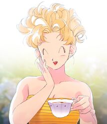  backlighting bare_arms bare_shoulders bikini_(dragon_ball) blonde_hair blurry blurry_background breasts closed_eyes collarbone commentary_request cup curly_hair dragon_ball dragon_ball_z drink earrings eyelashes facing_viewer female fingernails hair_strand hand_on_own_cheek hand_on_own_face hand_up highres holding holding_cup jewelry korean_commentary lado_(rado) laughing lips medium_breasts pearl_earrings protected_link red_lips short_hair solo strapless striped tea teacup teeth tube_top upper_body upper_teeth_only 