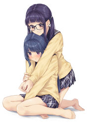  2girls absurdres bad_id bad_pixiv_id banana_oekaki barefoot black-framed_eyewear blue_hair blush cardigan feet full_body glasses grin highres hug hug_from_behind long_hair motosu_school_uniform multiple_girls oogaki_chiaki plaid plaid_skirt pleated_skirt purple_eyes purple_hair school_uniform serafuku shima_rin simple_background skirt smile toes white_background yuri yurucamp 