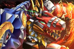  abarenoh animification bakuryuu_sentai_abaranger close-up dinosaur explosion glowing glowing_eyes green_eyes hawe_king looking_at_viewer mecha no_humans power_rangers power_rangers_dino_thunder robot solo super_sentai tokusatsu 