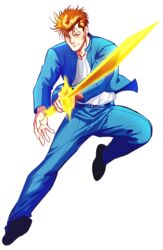  1boy bad_id bad_pixiv_id black_footwear blue_jacket blue_pants energy_sword jacket jungyun99 kuwabara_kazuma looking_at_viewer male_focus open_clothes open_jacket orange_hair pants sarayashiki_junior_high_school_uniform school_uniform shirt smile solo sword transparent_background weapon white_shirt yu_yu_hakusho 