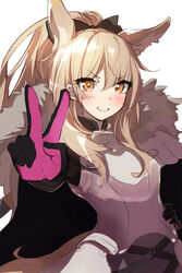  animal_ear_fluff animal_ears arknights armor black_bow black_gloves blemishine_(arknights) blonde_hair blush bow breastplate cape commentary_request extra_ears female fur-trimmed_cape fur_trim gloves hair_between_eyes hairbow hand_on_own_hip hand_up hellnyaa highres horse_ears horse_girl horse_tail long_hair looking_at_viewer orange_eyes pink_gloves ponytail smile solo tail two-tone_gloves upper_body v white_background white_cape 