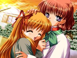  2girls amano_mishio artist_request brown_hair capelet closed_eyes cloud commentary_request denim denim_jacket hair_ribbon house jacket kanon multiple_girls orange_hair orange_sky purple_eyes ribbon sawatari_makoto school_uniform short_hair sky sunset two_side_up upper_body 