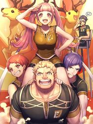  2girls 3boys animal antlers binoculars brown_hair chair claude_von_riegan deer fire_emblem fire_emblem:_three_houses gym_uniform headband highres hilda_valentine_goneril horns kibasen leonie_pinelli lorenz_hellman_gloucester moyashi_mou2 multiple_boys multiple_girls open_mouth pink_hair purple_hair raphael_kirsten sitting sleeveless smile twintails 