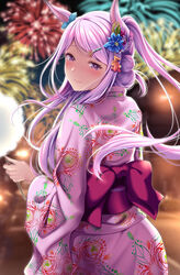  aerial_fireworks animal_ears blue_bow blush bow closed_mouth cotton_candy ear_bow female festival fireworks floating_hair floral_print flower hair_flower hair_ornament highres horse_ears horse_girl japanese_clothes kimono long_hair looking_at_viewer looking_back mejiro_mcqueen_(umamusume) ponytail purple_eyes purple_hair rairaisuruyo smile solo umamusume yukata 