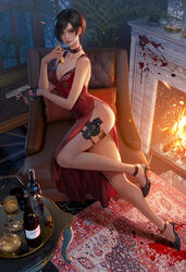  ada_wong alcohol black_hair blood bottle breasts brown_eyes choker cleavage commentary cup dress drinking_glass embers english_commentary fan_yang_(jiuge) female fireplace gun handgun high_heels highres holding holding_gun holding_vial holding_weapon holster large_breasts looking_at_viewer parted_bangs red_dress resident_evil resident_evil_4 resident_evil_4_(remake) short_hair side_slit smile solo thigh_holster vial weapon window wine_bottle wine_glass 