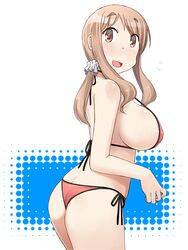  :d ass bikini blush breasts brown_eyes brown_hair butt_crack commentary_request female flying_sweatdrops from_behind hair_ornament hair_scrunchie halterneck katatsuka_kouji large_breasts long_hair looking_at_viewer matsumoto_yoriko open_mouth red_bikini scrunchie side-tie_bikini_bottom sidelocks simple_background smile solo standing string_bikini swimsuit teacher twisted_torso white_background yuyushiki 