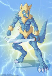  2014 4_toes 5_fingers angry anthro anthrofied blue_background blue_body claws dialuca01 electricity fan_character feet fingers front_view geminisaint generation_3_pokemon holding_object holding_weapon looking_aside male manectric manny_raibolt melee_weapon muscular muscular_anthro muscular_male nintendo nipples nude pokemon pokemon_(species) simple_background solo standing sword text toes url watermark weapon 