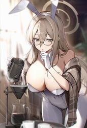  akane_(blue_archive) akane_(bunny)_(blue_archive) ass_visible_through_thighs bare_shoulders black-framed_eyewear blue_archive blue_bow blue_bowtie blurry blurry_background blurry_foreground blush bow bowtie breasts brown_eyes brown_hair brown_shawl cleavage coffee coffee_filter coffee_mug coffee_pot collar commentary covered_navel cowboy_shot cup depth_of_field detached_collar female fringe_trim glasses gloves hair_between_eyes halo hand_on_own_chin highres holding_kettle indoors kagerou_(gigayasoma) kettle large_breasts leaning_forward leotard long_bangs long_hair looking_at_object mug official_alternate_costume pantyhose parted_lips plaid_shawl playboy_bunny pouring shawl sidelocks solo steam strapless strapless_leotard thighs white_collar white_gloves white_leotard white_pantyhose 