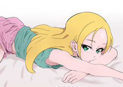  +_+ absurdres bed_sheet blonde_hair commentary female green_eyes green_shirt highres kirahoshi_ciel kirakira_precure_a_la_mode long_hair looking_at_viewer lying on_stomach pajamas parted_bangs pink_shorts precure shirt short_shorts shorts sleeveless sleeveless_shirt solo symbol-shaped_pupils tankobukids very_long_hair 