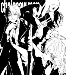  2boys 2girls 963c_lose angel_devil_(chainsaw_man) angel_wings bare_shoulders black_choker black_suit blush braid braided_ponytail business_suit chainsaw_man choker commentary_request crossed_legs demon_boy english_text formal greyscale hair_between_eyes hair_bun halo hand_on_own_chin highres hood hoodie light_smile long_hair looking_at_viewer looking_to_the_side makima_(chainsaw_man) mask monochrome multiple_boys multiple_girls reze_(chainsaw_man) ringed_eyes shirt single_hair_bun sitting sleeveless sleeveless_shirt smile suit tongue tongue_out v violence_fiend_(chainsaw_man) wavy_hair white_wings wings 