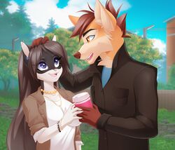  2019 anthro beverage big_breasts breasts brown_hair canid canine clothed clothing cloud coffee dannyckoo day duo ear_piercing female fox hair hand_on_head jacket jewelry long_hair lucky_(luckstardices) male mammal open_mouth outside piercing plant purple_eyes shirt smile street_lamp topwear tree tresertf yellow_eyes 