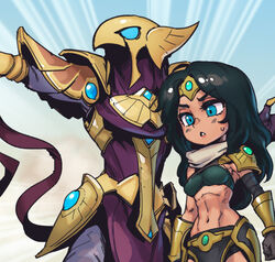  1boy armor azir bird_mask black_hair blue_sclera breasts colored_sclera cowboy_shot egyptian female gold_armor green_eyes hand_up helmet league_of_legends long_hair mask medium_breasts navel parted_lips phantom_ix_row shoulder_armor sivir stomach sweatdrop teeth 