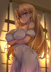  :&lt; backlighting bare_shoulders blonde_hair blurry blurry_background blush breast_hold breasts cleavage closed_mouth collarbone commentary covered_navel cowboy_shot crossed_arms curtains depth_of_field detached_sleeves dress evening female indoors large_breasts long_hair looking_at_viewer nijisanji pink_eyes puffy_short_sleeves puffy_sleeves short_sleeves solo strapless strapless_dress sunlight sunset takamiya_rion takamiya_rion_(2nd_costume) try_(lsc) v-shaped_eyebrows very_long_hair virtual_youtuber white_dress window 