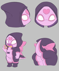  anthro ass claws clothing concept_art costume eating fantasy000 female food heart_symbol hi_res hood kobold lily_(fantasy000) purple_body simple_background slightly_chubby slightly_chubby_female solo spiderman_costume 