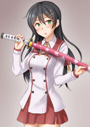  alternate_costume anti_(untea9) black_hair blush cosplay cowboy_shot etou_kanami etou_kanami_(cosplay) female gradient_background green_eyes grey_background hair_between_eyes hair_ornament hairclip highres holding holding_sword holding_weapon hondo_kaede jacket kantai_collection katana long_hair long_sleeves neckerchief open_mouth oyashio_(kancolle) red_skirt school_uniform sheath sheathed skirt solo sword toji_no_miko voice_actor_connection weapon white_jacket 