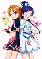  2girls back-to-back bike_shorts blue_eyes blue_hair blush brown_eyes brown_hair commentary cure_black cure_white detached_sleeves dress earrings fingerless_gloves frills futari_wa_precure gloves heart holding_hands interlocked_fingers isshi_pyuma jewelry long_hair magical_girl mepple midriff mipple misumi_nagisa multiple_girls open_mouth photoshop_(medium) precure short_hair shorts shorts_under_skirt smile v white_dress yukishiro_honoka 