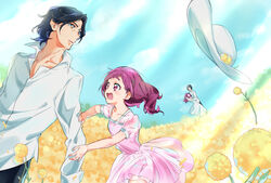  2boys 2girls :d black_hair black_pants blue_sky blush brown_eyes collarbone couple day dress dress_shirt field floating_hair flower flower_field george_kurai hair_ornament hat highres hugtto!_precure long_hair multiple_boys multiple_girls nono_hana open_mouth outdoors pants pink_dress precure red_eyes red_hair shipu_(gassyumaron) shirt sky smile straight sun_hat sundress sunlight sweatdrop white_dress white_headwear white_shirt x_hair_ornament yellow_flower 