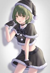  :p akanbe black_capelet black_choker black_gloves black_shirt black_skirt capelet choker crop_top eyelid_pull female fur-trimmed_capelet fur-trimmed_gloves fur-trimmed_headwear fur-trimmed_shirt fur_trim gloves green_eyes green_hair hat highres idolmaster idolmaster_shiny_colors looking_at_viewer nanakusa_nichika santa_costume santa_hat shadow shirt short_hair simoumi_217 simple_background skirt solo tongue tongue_out white_background 