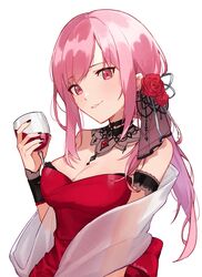  black_nails breasts cleavage commentary cup detached_collar dress drinking_glass english_commentary female flower hair_flower hair_ornament hand_up highres holding holding_cup hololive hololive_english large_breasts long_hair looking_at_viewer mori_calliope mori_calliope_(party_dress) nail_polish official_alternate_costume orinte parted_lips pink_hair red_dress red_eyes red_flower red_rose rose shawl simple_background smile solo twitter_username upper_body virtual_youtuber white_background 