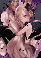  1boy animal_ears backless_outfit blonde_hair brown_eyes commentary_request erune fox_boy fox_ears fox_tail granblue_fantasy hair_ornament hair_over_one_eye hugging_own_tail hugging_tail kou_(granblue_fantasy) large_tail long_hair looking_at_viewer male_focus maruino side-tie_legwear sideless_outfit solo tail 