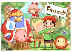  2girls adeleine apple artist_name ball beret black_hair blue_eyes bow commentary_request crystal_shard day easel english_text flower food forest fruit hairbow hat highres holding holding_paintbrush king_dedede kirby kirby_(series) kirby_64 long_sleeves looking_at_another multiple_girls nature open_mouth outdoors paintbrush pink_hair red_bow red_headwear ribbon_(kirby) sho.t short_hair sitting speech_bubble spoken_sweatdrop sweatdrop tree waddle_dee 