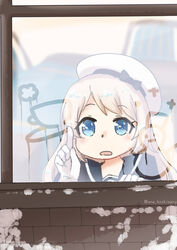  ane_hoshimaru black_sailor_collar blonde_hair blue_eyes commentary_request condensation female glass_writing gloves hat highres jervis_(kancolle) kantai_collection one-hour_drawing_challenge sailor_collar sailor_hat solo twitter_username upper_body white_gloves white_hat window window_fog 