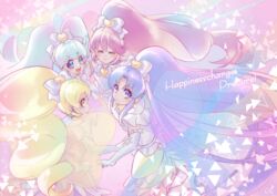  4girls :d aino_megumi blonde_hair blue_eyes blue_hair bow brooch closed_eyes closed_mouth copyright_name cure_fortune cure_fortune_(innocent_form) cure_honey cure_honey_(innocent_form) cure_lovely cure_lovely_(innocent_form) cure_princess cure_princess_(innocent_form) earrings elbow_gloves floating_hair frilled_gloves frills gloves hair_ornament hairbow happinesscharge_precure! heart heart_brooch heart_earrings heart_hair_ornament high_ponytail highres hikawa_iona jewelry layered_skirt long_hair miniskirt multiple_girls oomori_yuuko open_mouth pink_hair precure profile shipu_(gassyumaron) shirayuki_hime skirt smile star_(symbol) star_earrings twintails very_long_hair white_bow white_gloves yellow_eyes 