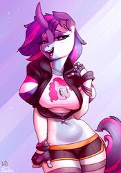  2018 anthro atryl big_breasts bottomwear breasts clothed clothing collaboration digital_media_(artwork) dolphin_shorts ear_piercing equid equine fan_character female fingerless_gloves friendship_is_magic glistening glistening_body gloves hair handwear hasbro hi_res horn hotpants legwear looking_at_viewer mammal midriff multicolored_hair multicolored_tail my_little_pony mythological_creature mythological_equine mythology navel open_mouth piercing pinkie_pie_(mlp) shorts simple_background solo stockings tail thigh_highs two_tone_hair unicorn wick_(artist) 