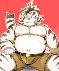  2019 5:6 anthro belly biped blush bottomwear clothing eyewear felid fur glasses hi_res licho_(tas) lifewonders male mammal mohumohudansi moobs navel nipples overweight overweight_anthro overweight_male pantherine shorts simple_background sitting solo tiger tokyo_afterschool_summoners white_body white_fur 